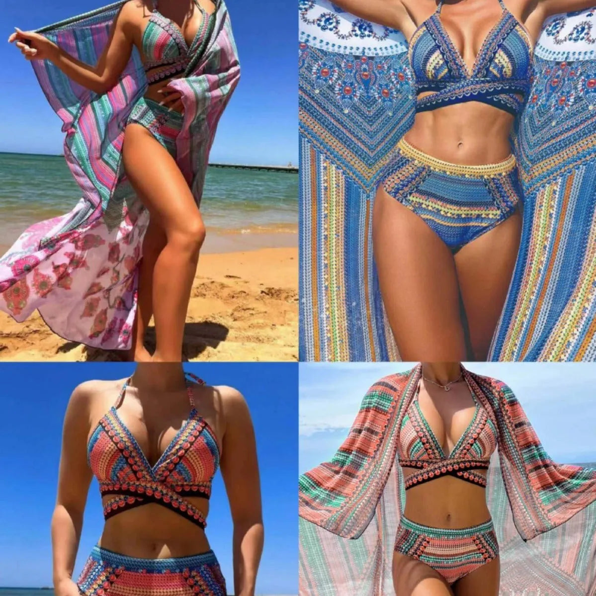 Women's three-piece swimsuit with cross bandage bikini top and high waist briefs in blue colour