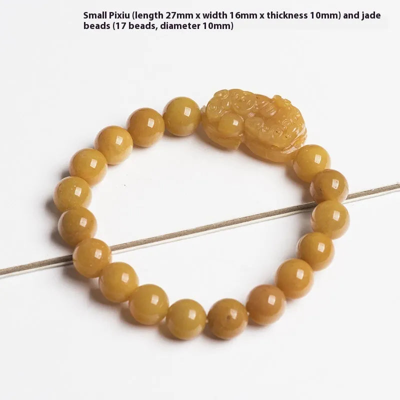 Hand-carved Golden Thread Jade money bracelet with coin design, shown in two bead size options.