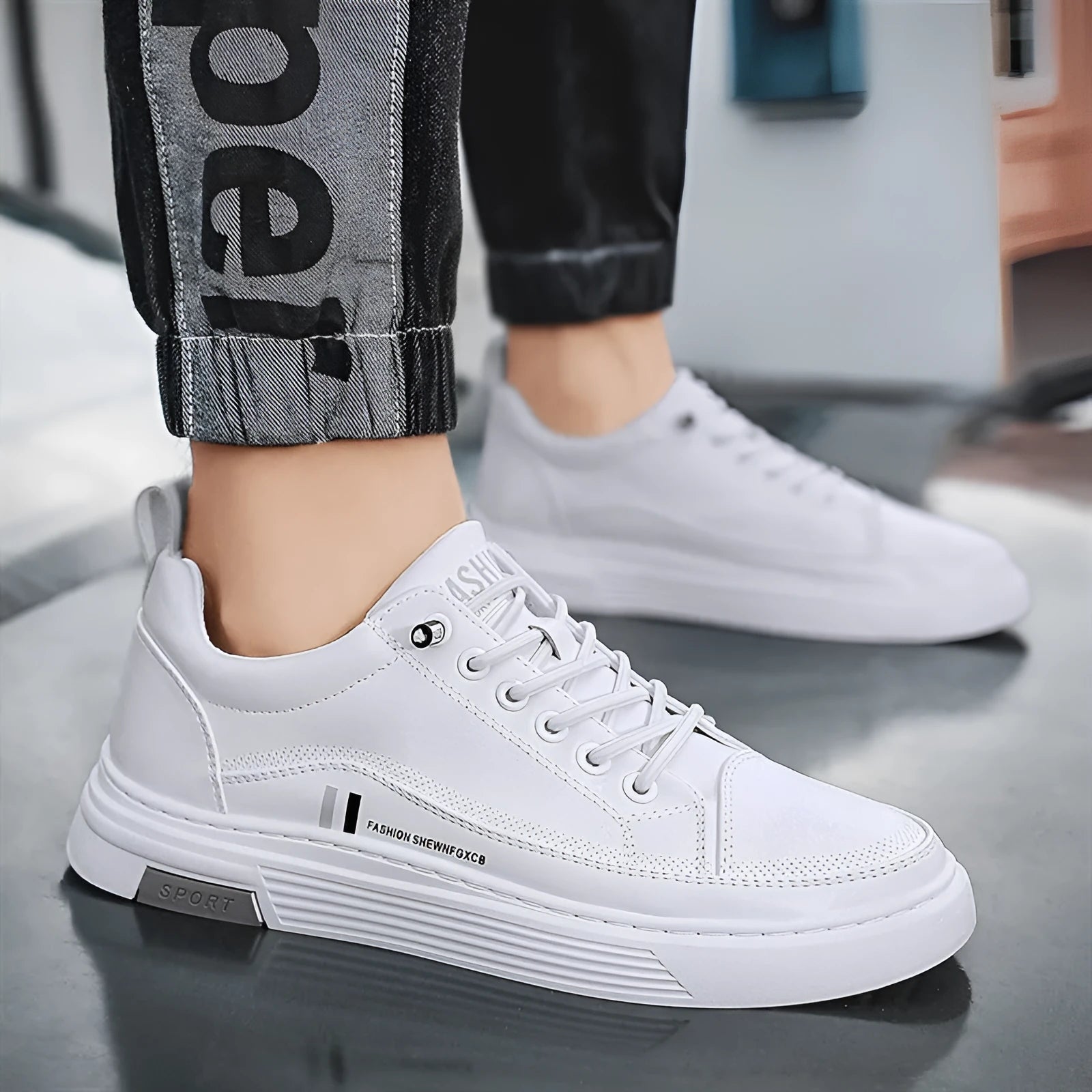 Men's white and black microfiber skateboard shoes with elastic band closure and rubber sole