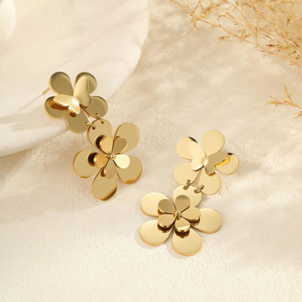 Gold flower butterfly stainless steel earrings with electroplated 18K finish for women