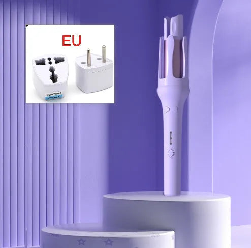 White automatic hair curler with 32mm ceramic barrel and international plug adapters