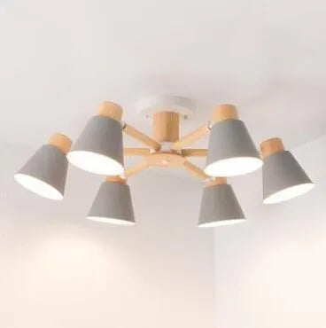 Nordic Macaron style ceiling pendant light with ironwood frame, shown in a two-tone colour option with multiple light heads.