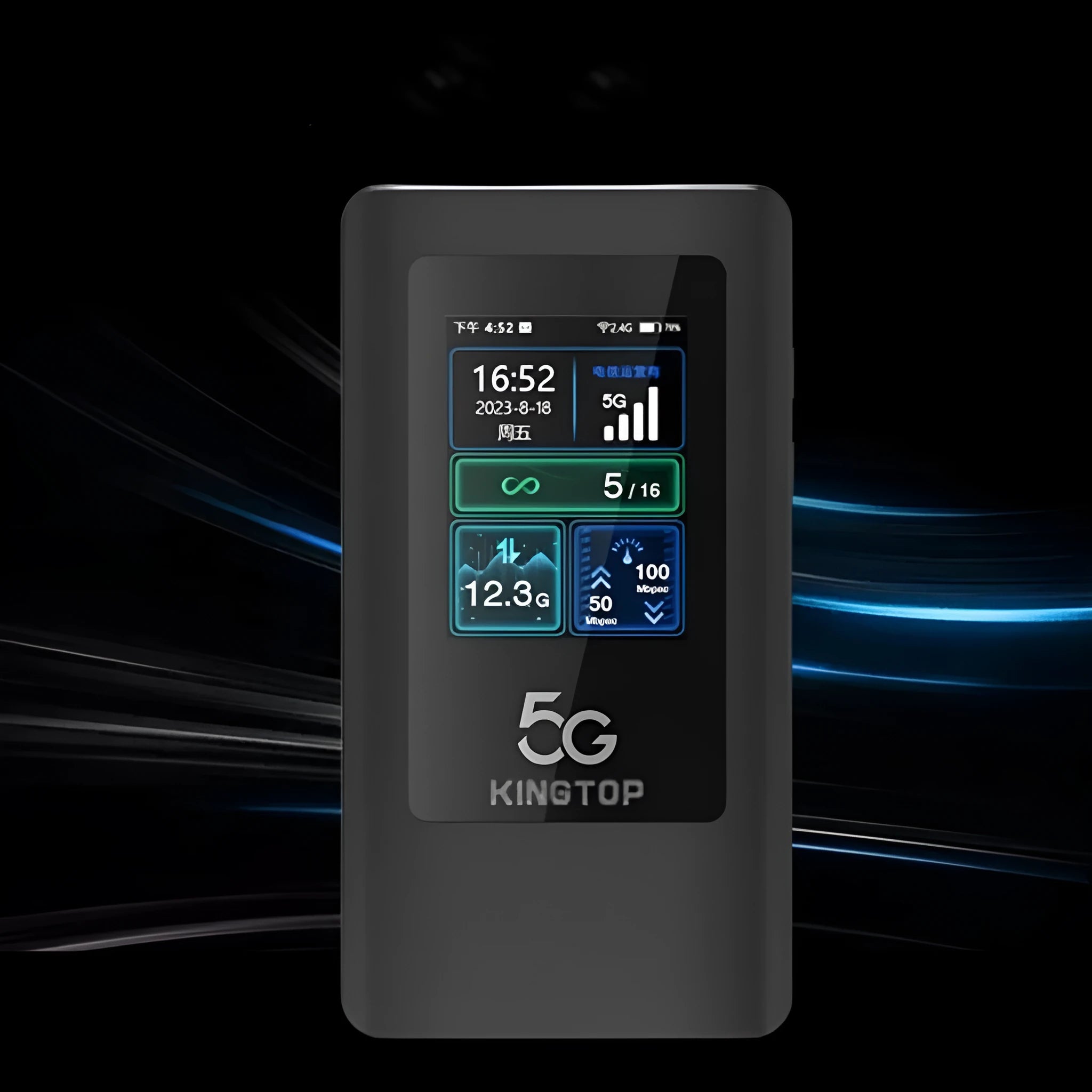Black 5G portable Wi-Fi router with LCD display and TYPE-C port