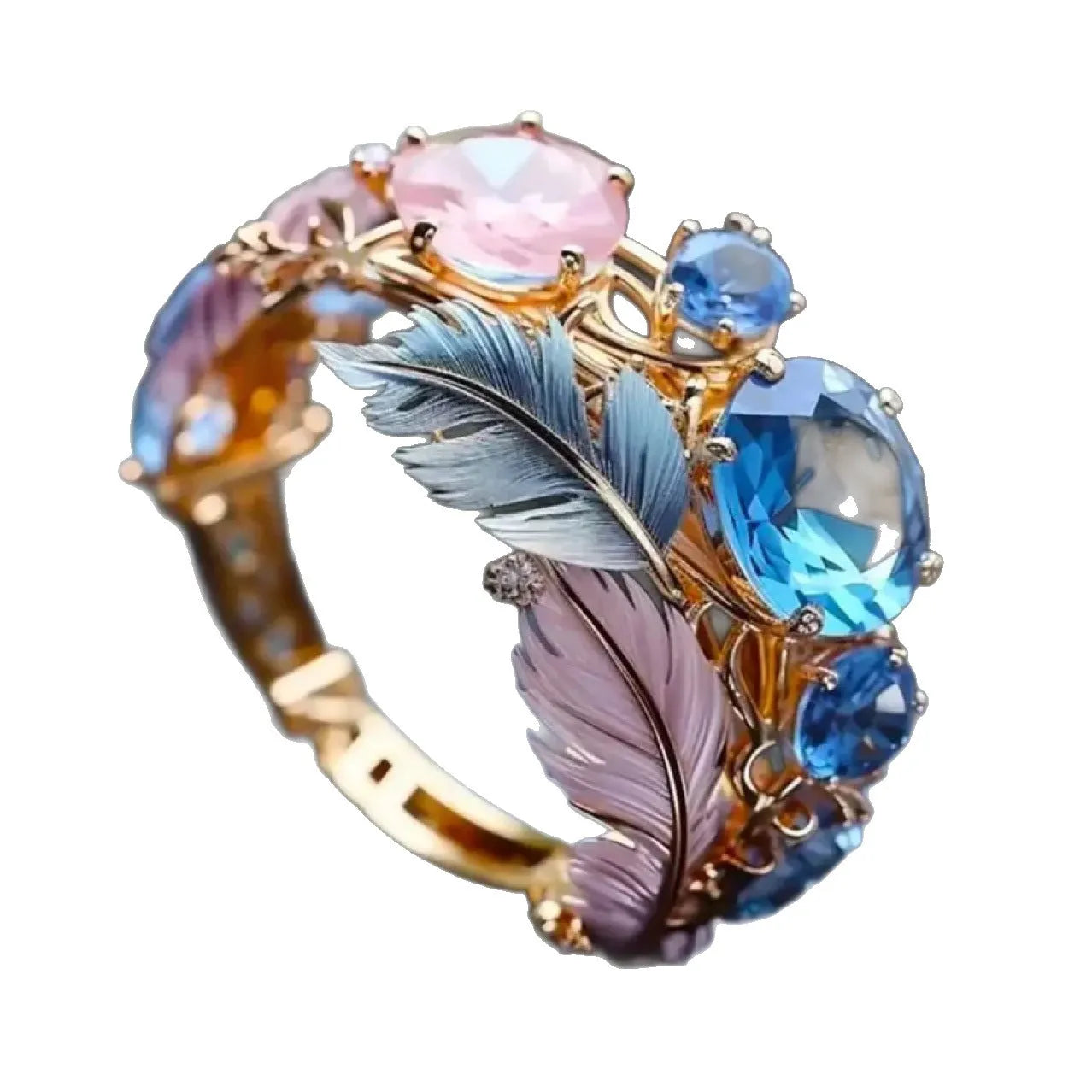 Gold colour brass ring with embossed feather design and small zircon stones on a geometric band.