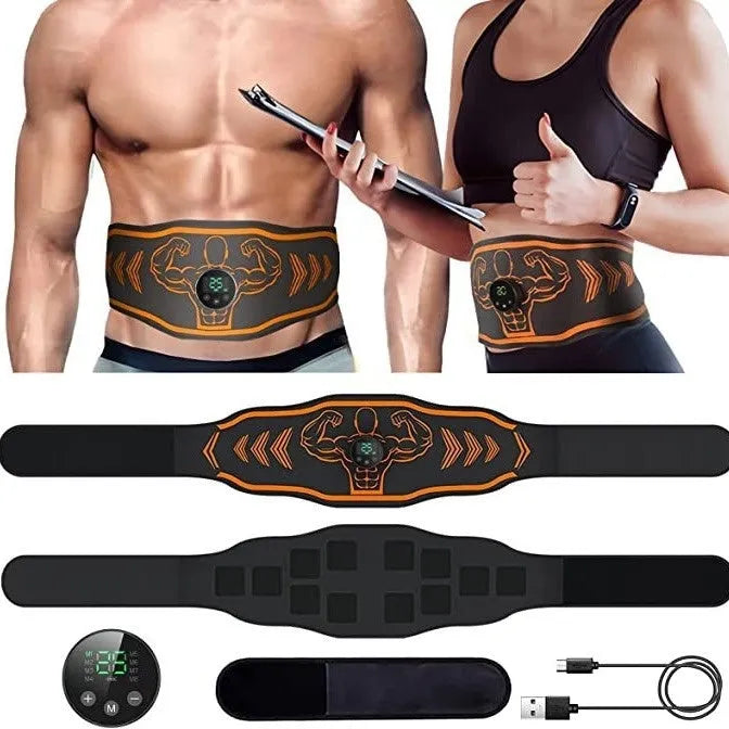 Blue and orange EMS smart massage belt with arm stickers and rechargeable host unit