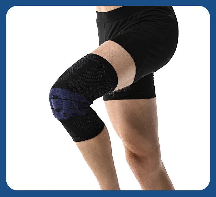 Adult sports kneecap in black and blue colours, made from nylon and spandex, for knee protection.
