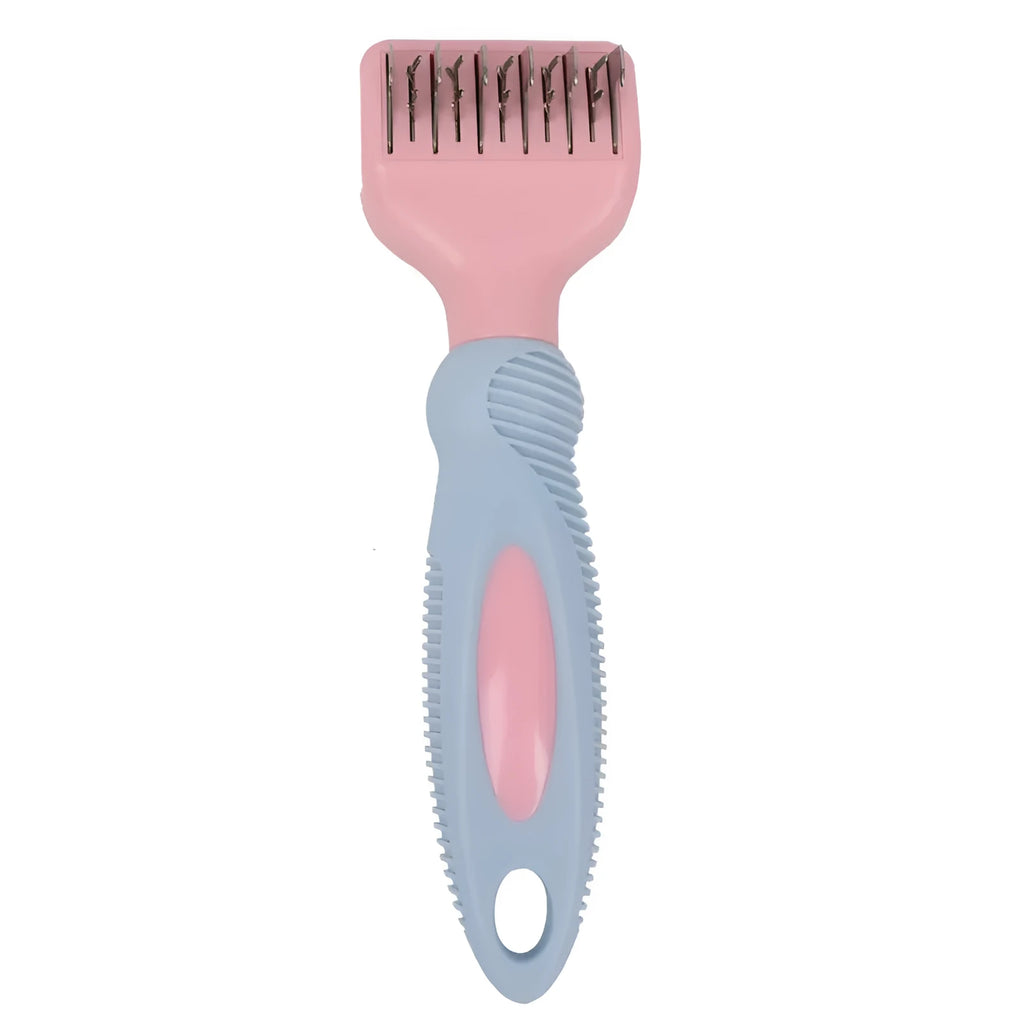Pink pet grooming comb with stainless steel knot knife and massage brush tips measuring 170mm
