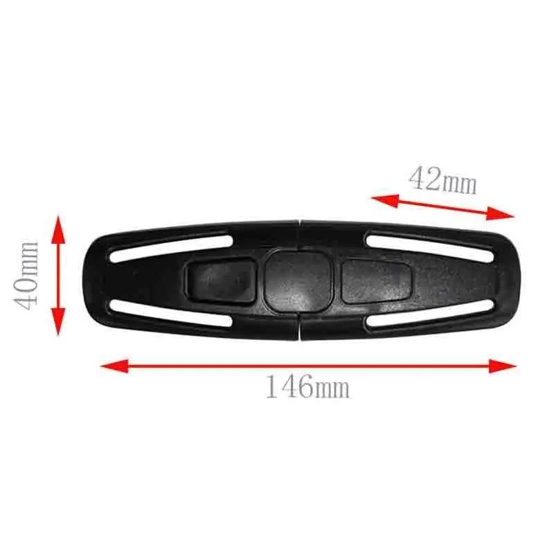 Black nylon seat belt buckle clip for child car seats measuring 14.5 by 4 centimetres