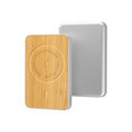 Khaki coloured magnetic wireless charging power bank with USB port showing dimensions