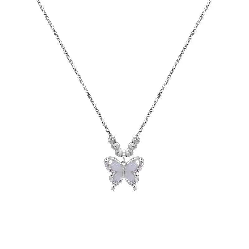 Silver butterfly necklace with square opal pendant on adjustable cross chain