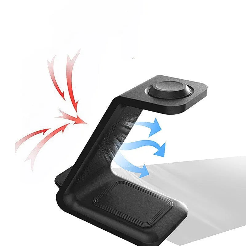 White 3-in-1 upright wireless charging phone holder stand with dual coil charging surface