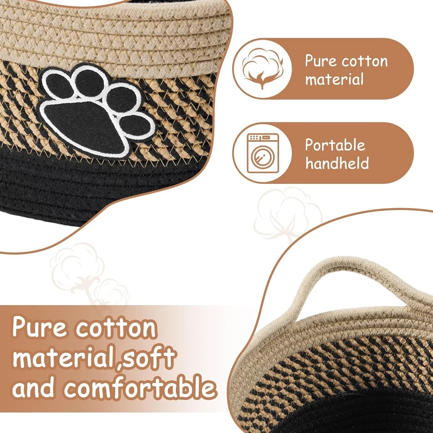 Light beige handmade cotton rope storage basket with handle on a wooden surface.
