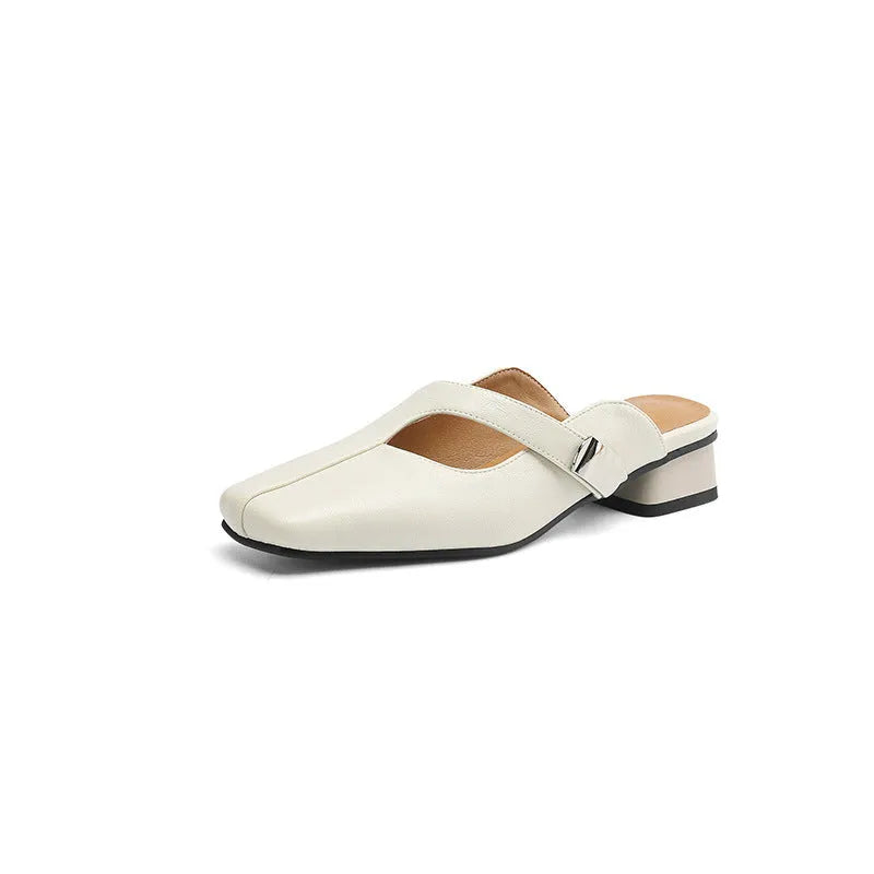 British style square head outdoor slippers in black with low heel and rubber sole