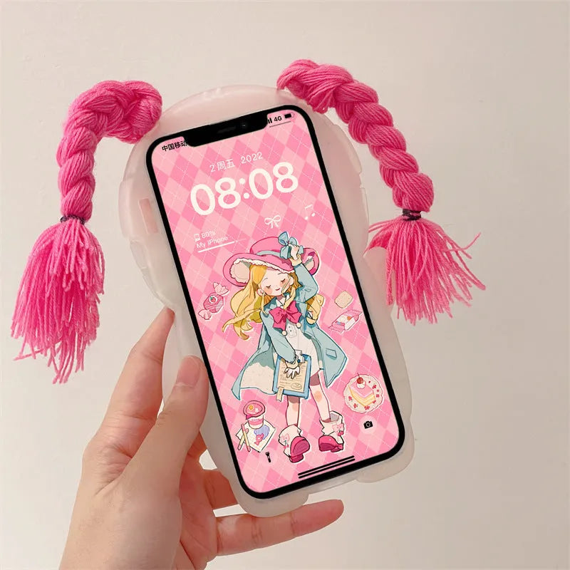 Pink and green silicone iPhone case with a cartoon girl in a swimsuit and braid design.