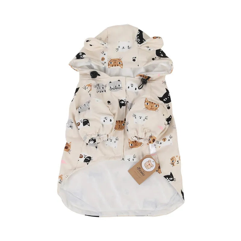 Beige cartoon pattern dog raincoat with double waterproof coating, shown in size L.