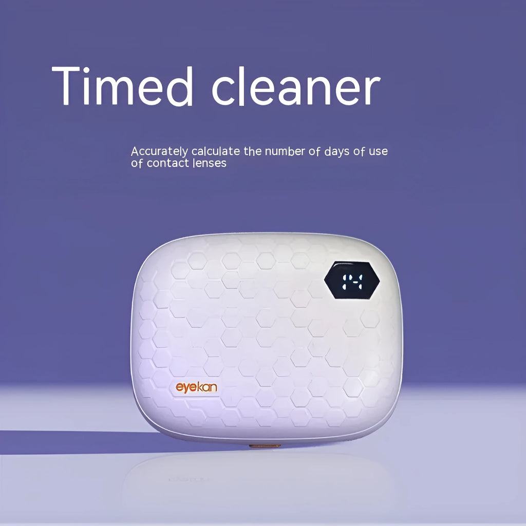Automatic ultrasonic glasses cleaning machine in pearl white, blue, or pink, showing compact 85mm plastic unit.