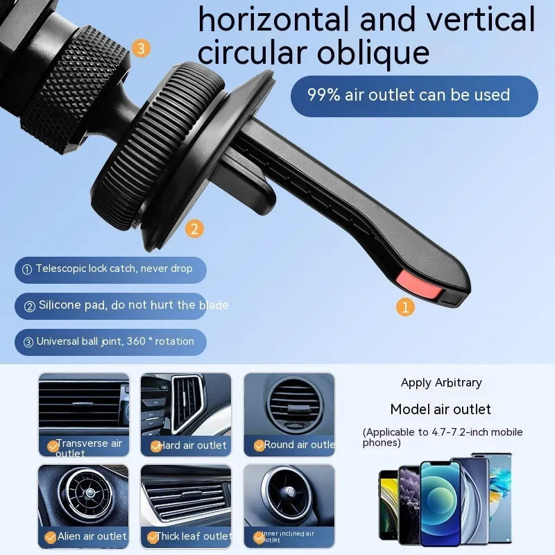 An invisible aluminium alloy phone holder for car air vents, shown in black.