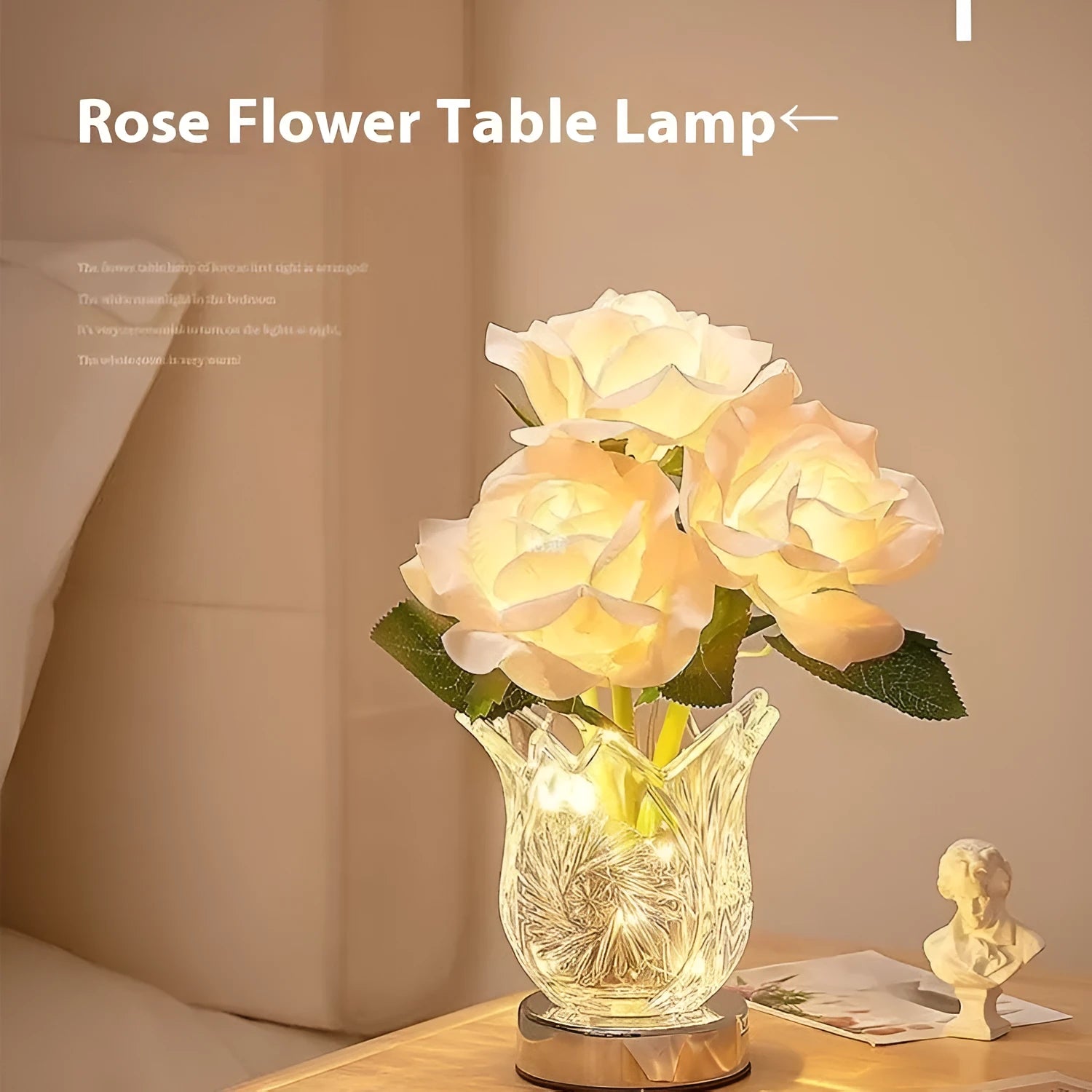 Modern crystal flowers design table lamp with touch dimmer control on wooden surface