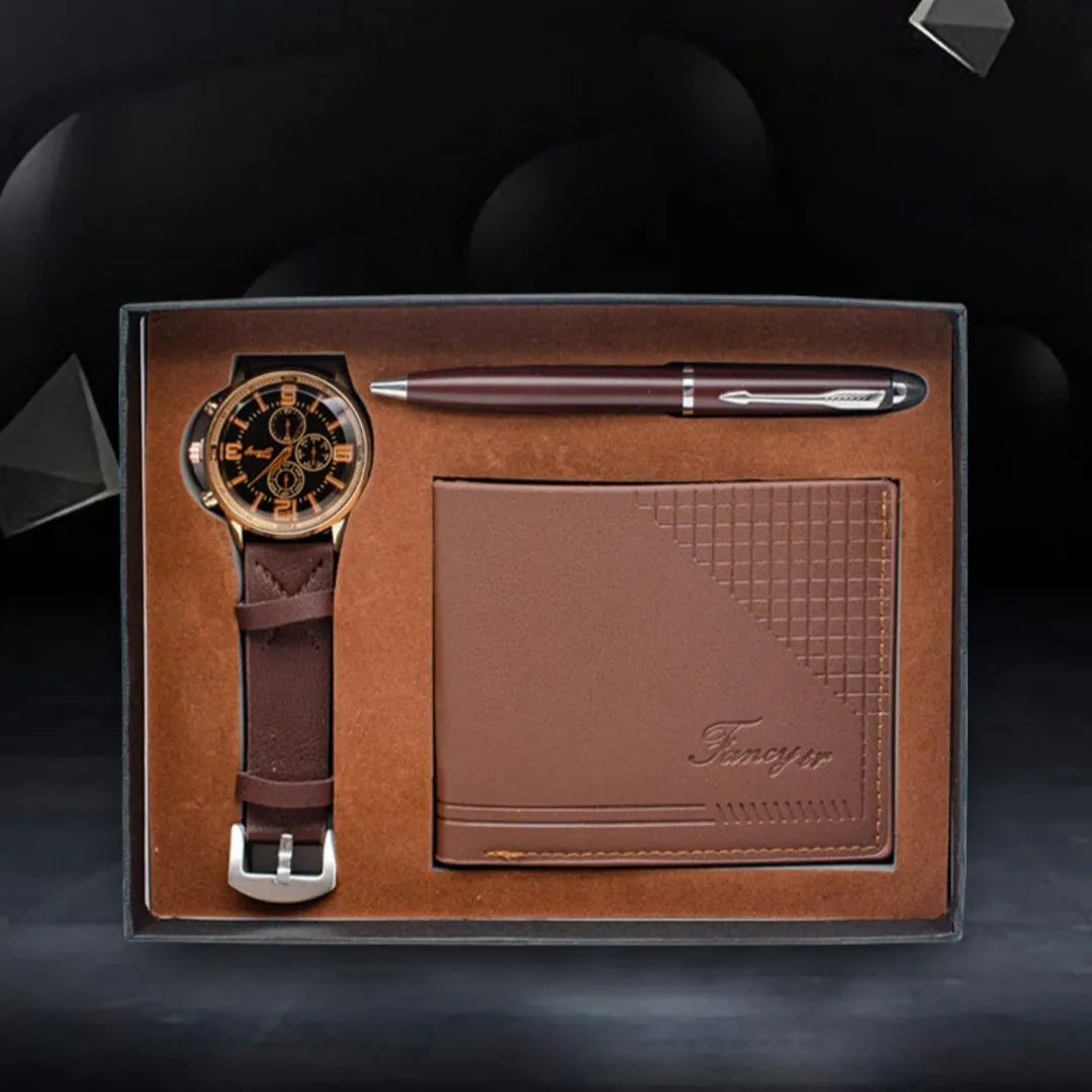 Creative holiday gift set containing wallet, pen and watch in brown or black colour options