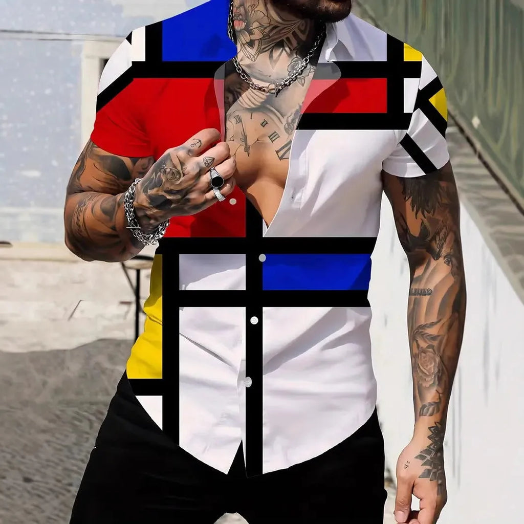 Men's slim fit geometric print short sleeve shirt with lapel collar in a light colour.