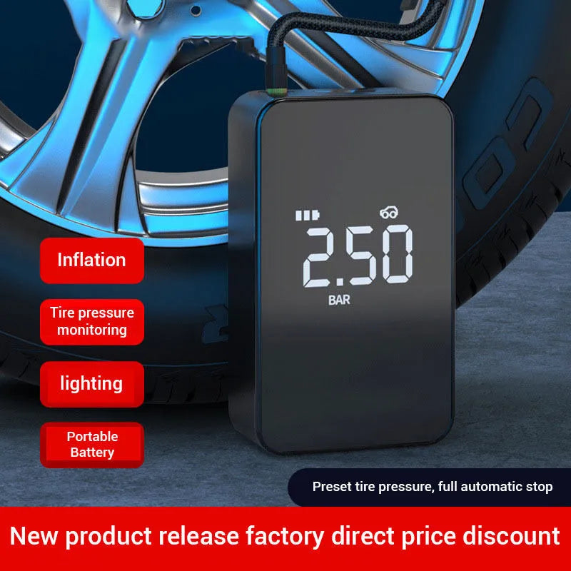 Wireless digital display air pump with LCD screen showing pressure reading, compact black design with inflation hose