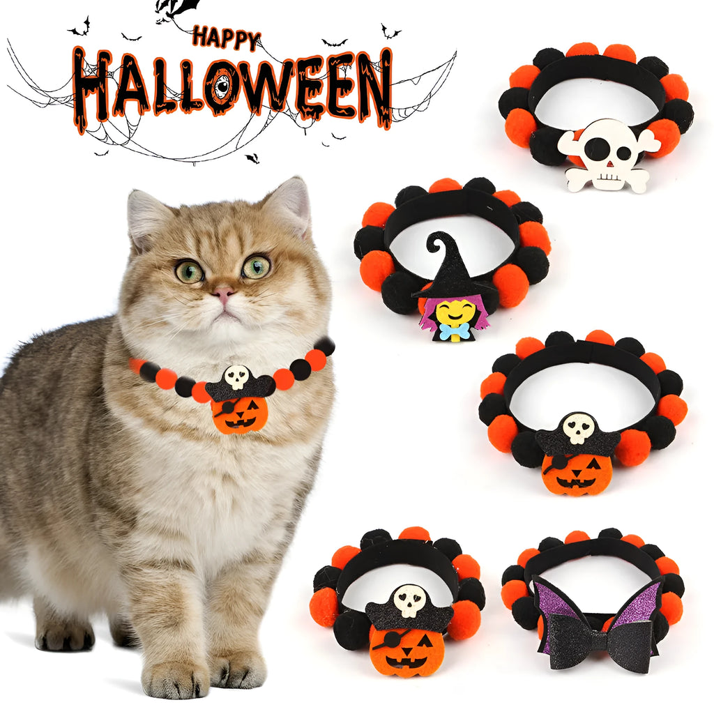 Halloween pet collar with fur ball decoration in pumpkin design