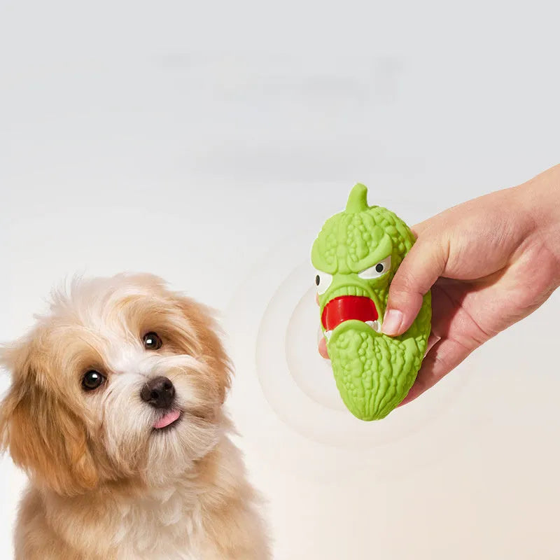 Dog chew toy shaped like bitter melon or chili with textured cleaning ridges and sound activation feature