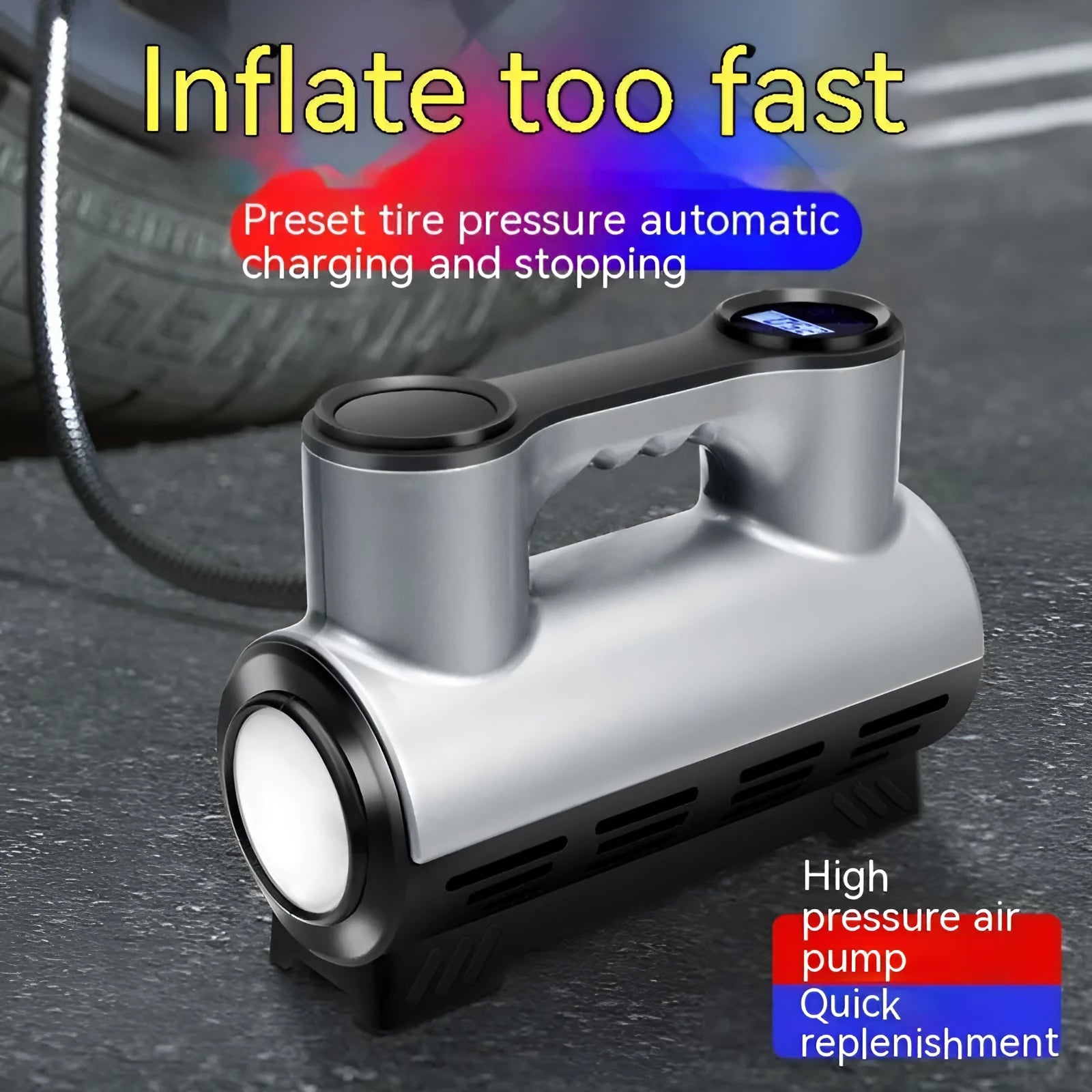 12V portable car air pump with digital pressure display, compact black ABS casing with air hose and nozzles