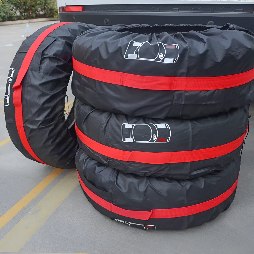 Oxford cloth 210D car tyre protective cover set of 4 in black belt style on a parked car