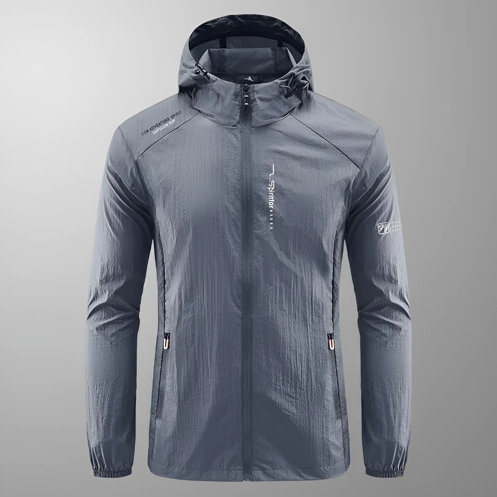 Man wearing a loose-fit light grey hooded nylon jacket for summer sun protection.