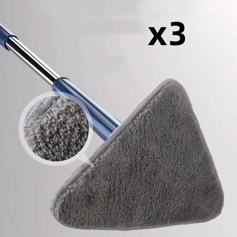 Extendable triangle mop with rotating blue head and stainless steel pole for cleaning corners and walls