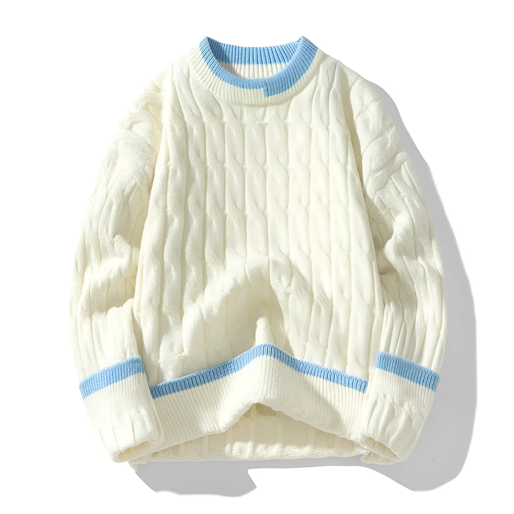 Man wearing a two-piece loose fit sweater in a sports style, showing the acrylic and modal fabric texture.