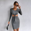 Grey floral hollow-out knot knit pencil dress with mid-rise waist and regular sleeves