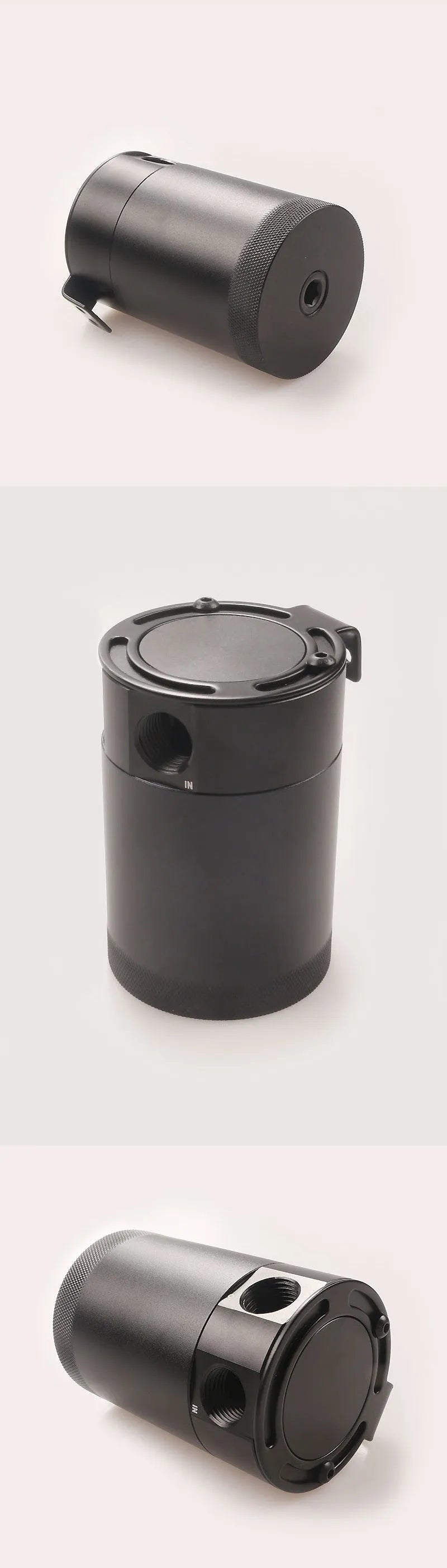 Black aluminium two hole automotive oil can with oil-free valve and connectors.