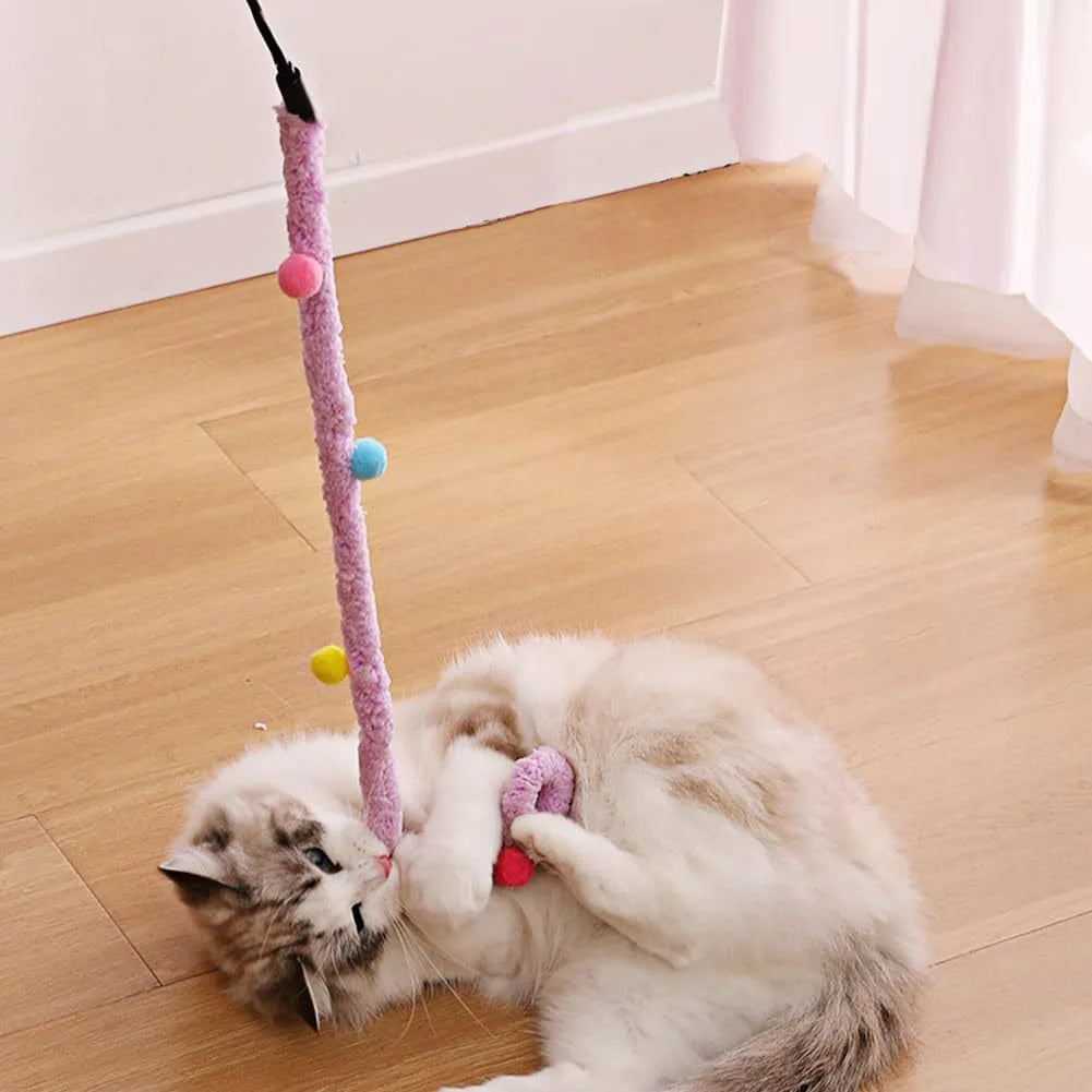 Blue interactive cat wand toy with a long plush strip and a fluffy ball with bells.