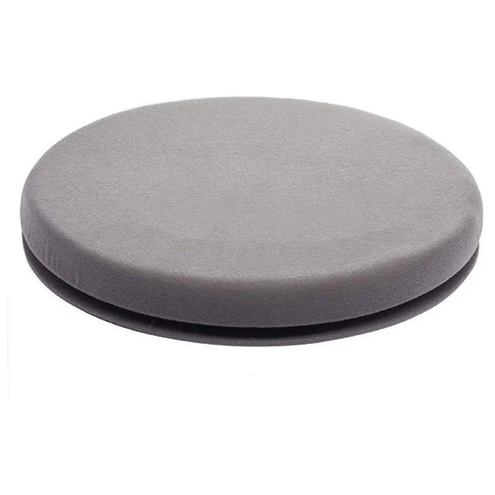 Circular grey car seat cushion showing 360-degree rotation on a car seat