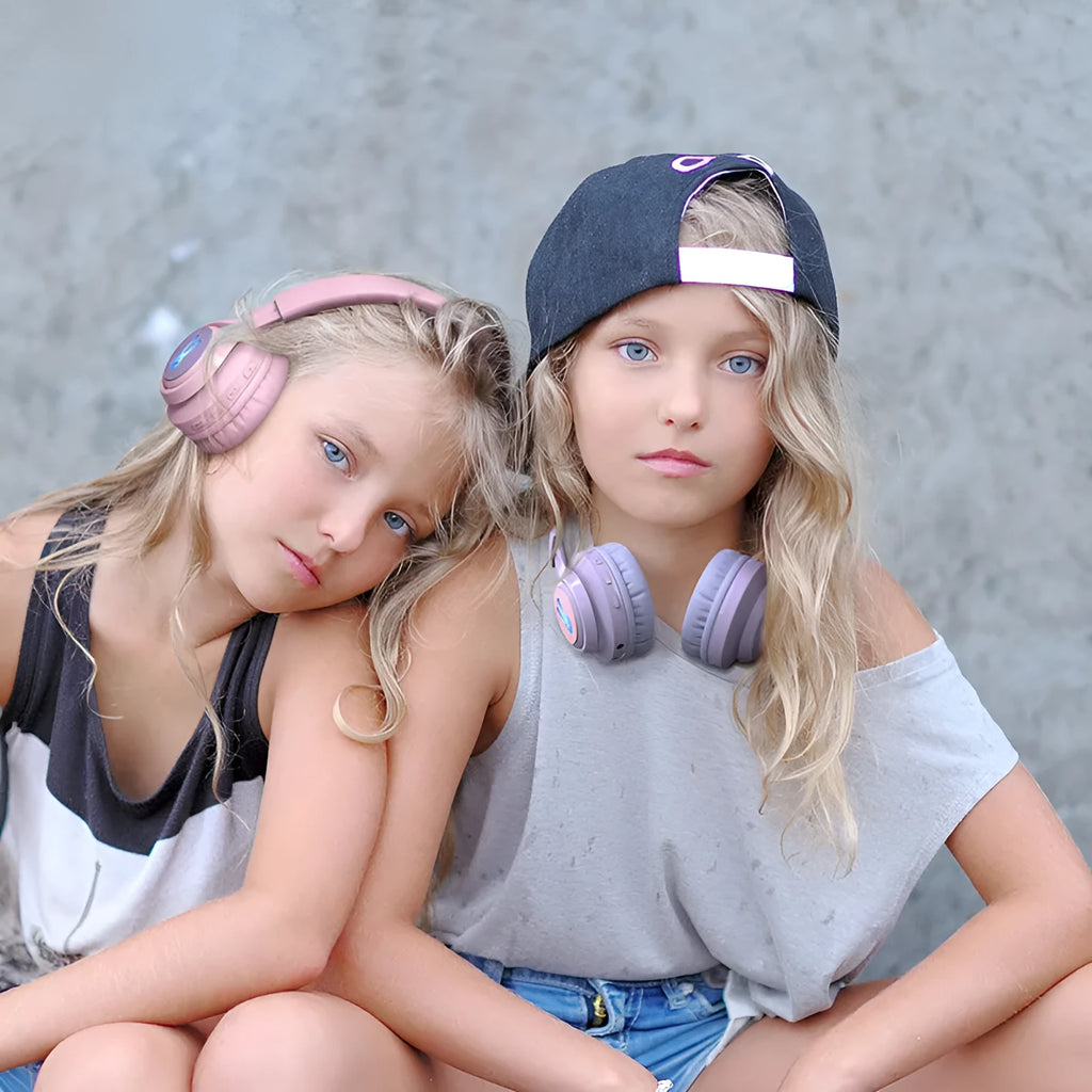 Wireless children's headphones with RGB lights in bunny purple colour.