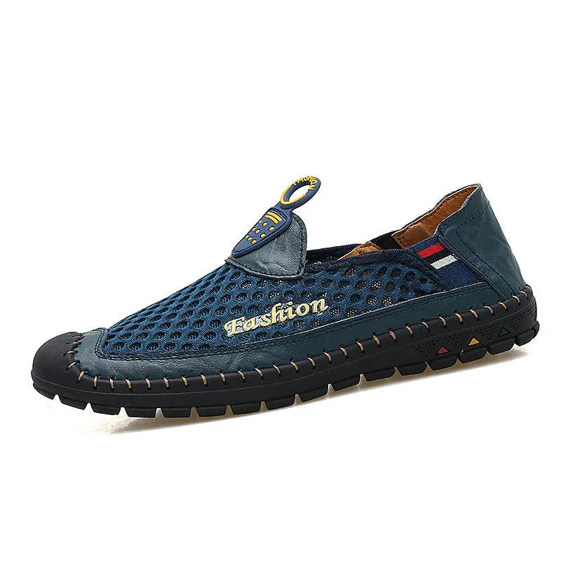 Men's brown casual shoes with mesh fabric upper and rubber sole