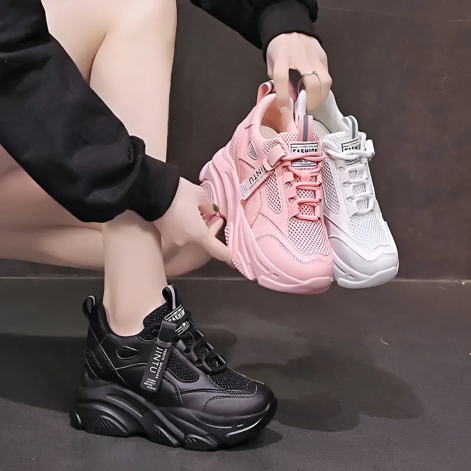 Women's black mesh platform casual shoes with hollow-out detail and a velvet-style lining.
