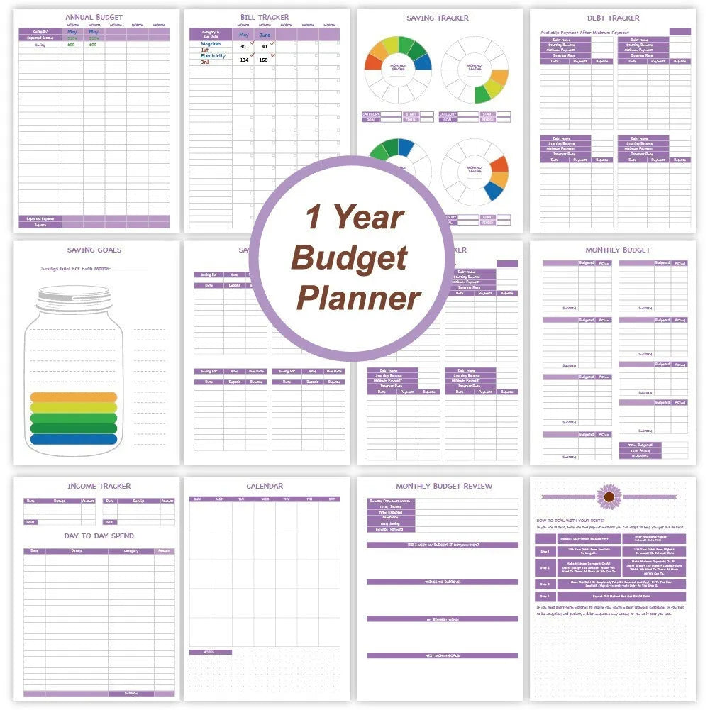 J12 Purple coil-bound monthly financial planning notebook with pen, stickers, and paper clips on a desk.