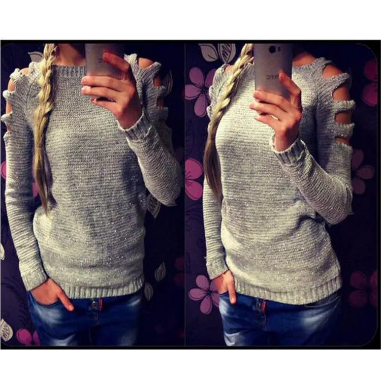 Women's white rabbit fur hollow-out knitted shirt with crochet design and round neckline