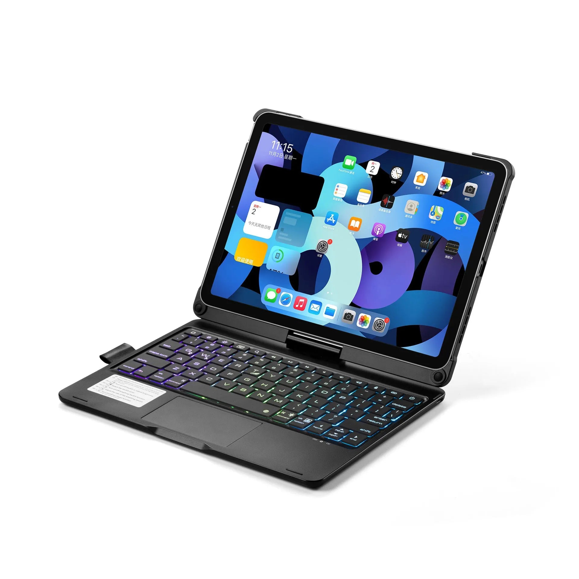 Rotating 360-degree Bluetooth keyboard with touch backlight for iPad Pro and iPad Air in black, rose gold, or silver