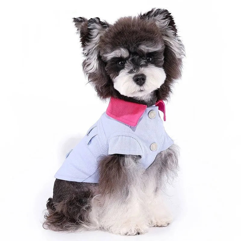 Blue and purple polyester dog vest with front chest ring for small dogs, showing weight-based sizing options