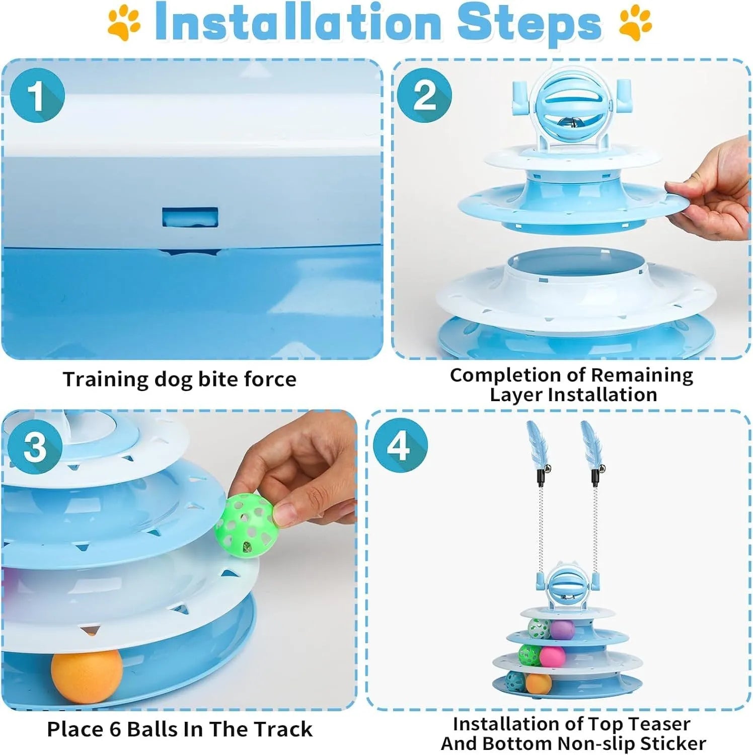 Blue 4-tier interactive cat puzzle toy with balls and teasing rods on a non-slip base.