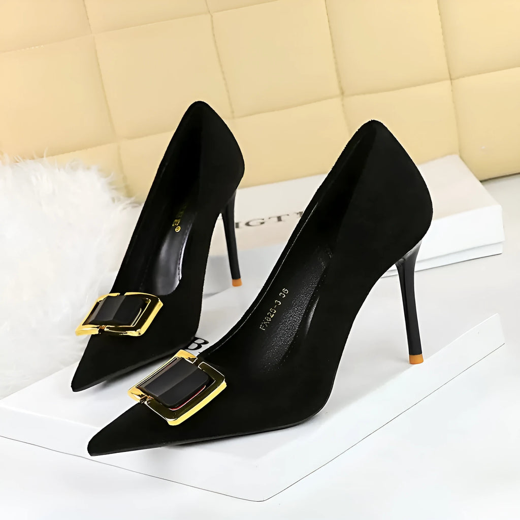 Black suede women's stiletto heels with 9cm heel and shallow cut design