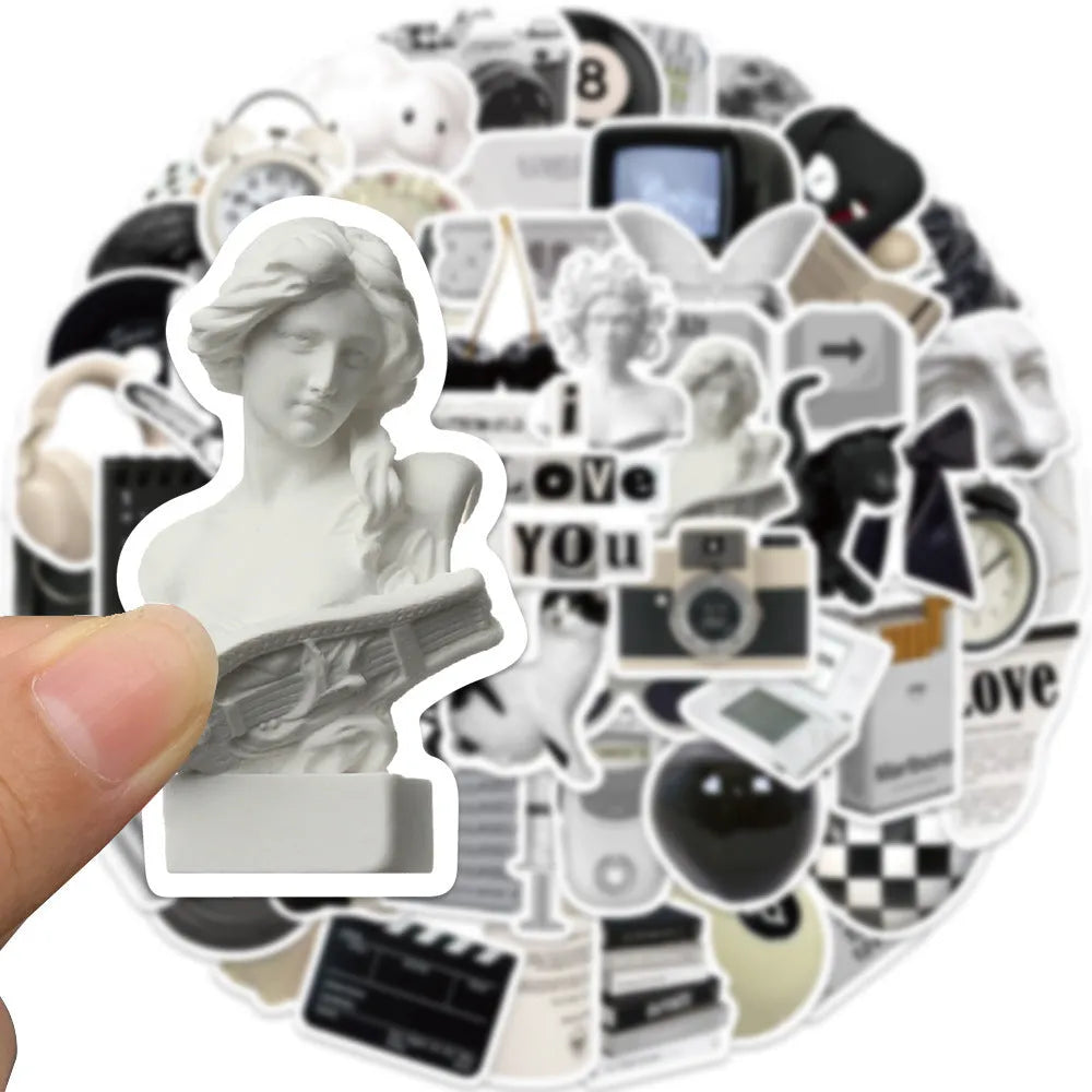 61-piece black and white PVC waterproof sticker pack for laptops, phones, luggage, and sports equipment decoration