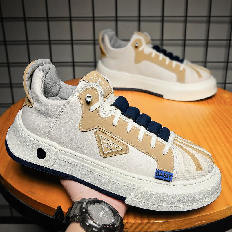Men's beige low-top sneakers with elastic band and mesh lining for casual wear