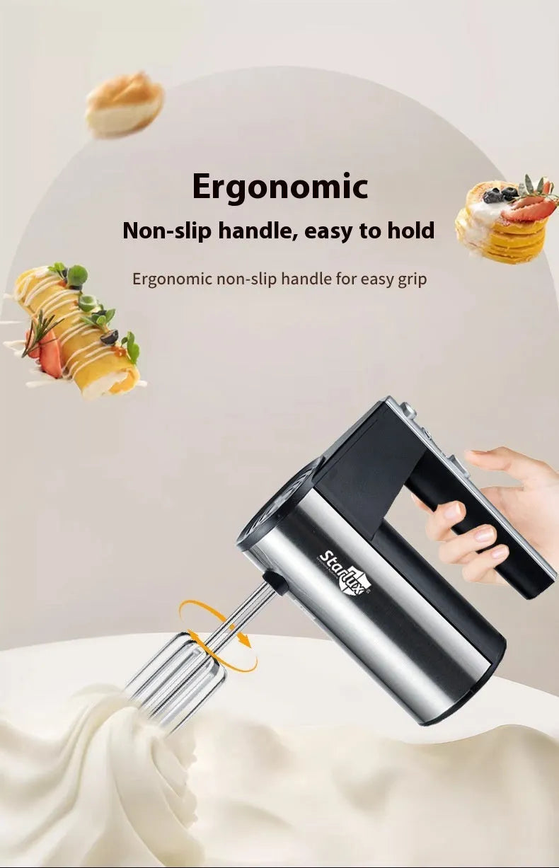 Silver handheld electric mixer with whisk attachment for baking and beating