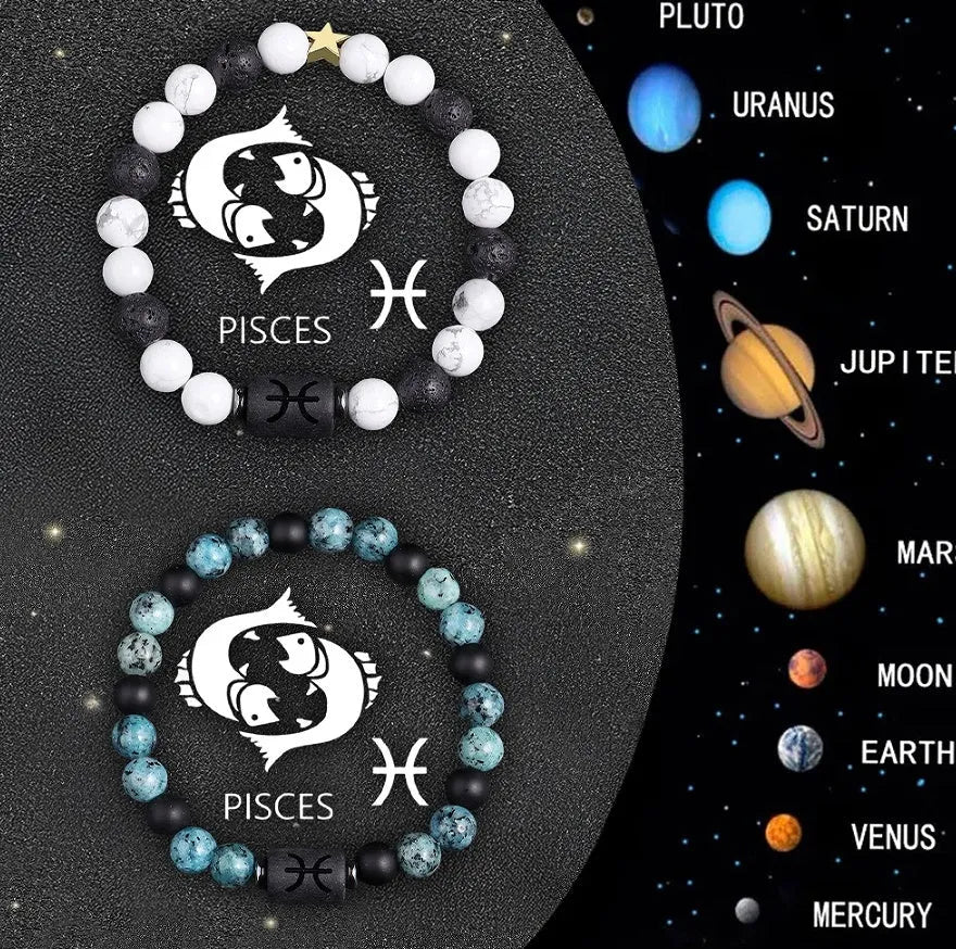 Natural stone zodiac bracelet set showing adjustable cord with twelve astrology charm beads