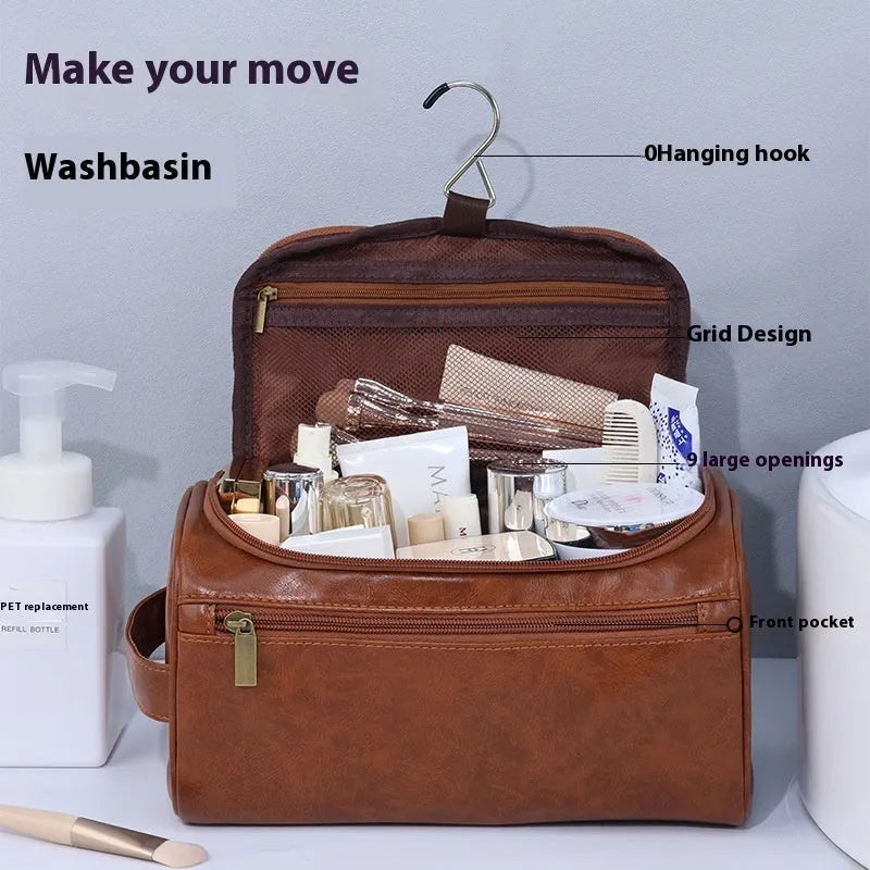 Large waterproof cosmetic storage bag in brown PU leather with a retro style design.